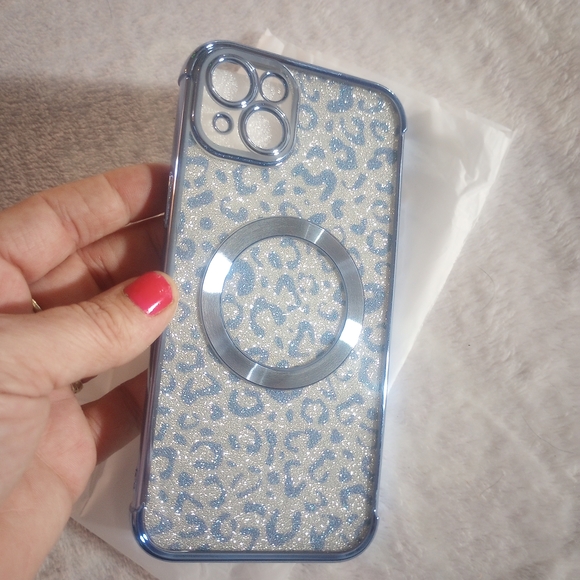 Glitter Leopard Print iPhone 15 Plus Case - Silver and Blue - Picture 5 of 11